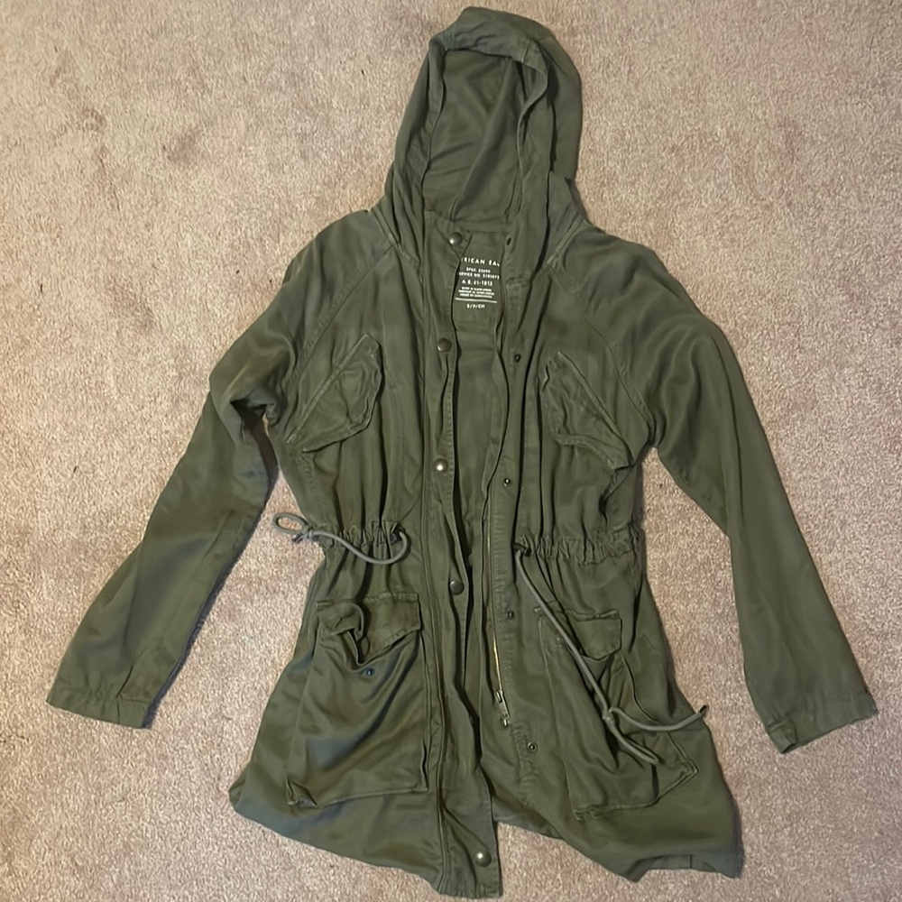 American Eagle Olive Green Overcoat Cinch Trench coat Zip up Fall Autumn Jacket